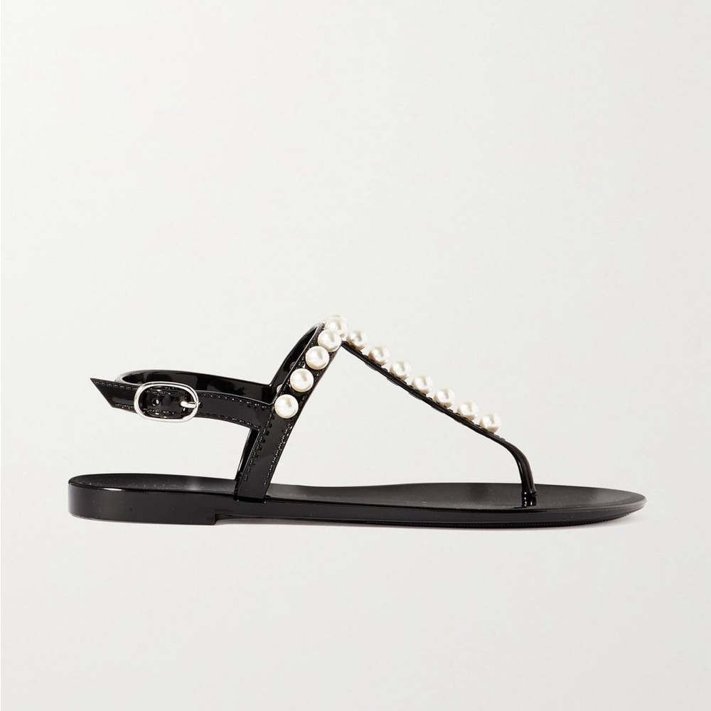 Stuart Weitzman Black Patent Pearl-Trim T-Strap Sandals - Picture 2 of 6